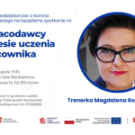 Zaproszenie na spotkanie z trenerką Magdaleną Rabendzińwicz, duże niebieskie napisy, jej zdjęcie.