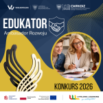 Uśmiechnięta nauczycielka z dwojgiem uczniów przy stole, konkurs Edukator 2026.