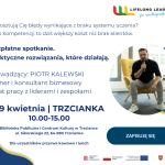 Plakat spotkania biznesowego z prowadzącym siedzącym na krześle, informacje o wydarzeniu.