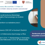 Plakat ma turkusowym tle z wynikami konkursu