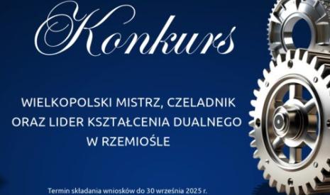 Napis "Konkurs" na niebieskim tle z grafiką srebrnych trybików.