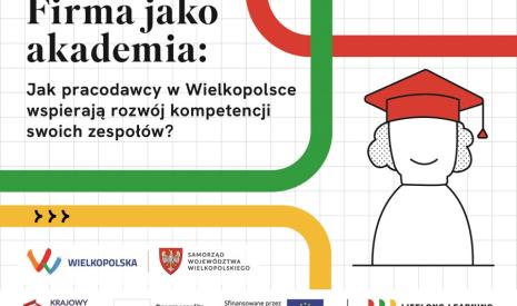 Grafika z postacią w birecie na tle kolorowych linii i tekstem o rozwoju kompetencji.