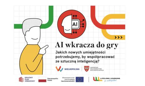 Grafika z napisem "AI wkracza do gry" i ilustracją osoby wskazującej ikonę AI.