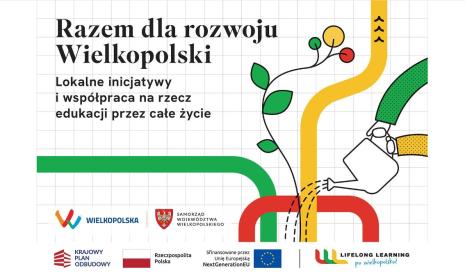 Grafika z napisem „Razem dla rozwoju Wielkopolski” i emblematami partnerów projektu.