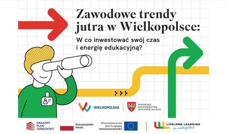 Grafika: postać z lornetką i kolorowe strzałki, tekst o trendach zawodowych w Wielkopolsce.