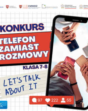 plakat konkursowy na białym tle z telefonem komórkowym