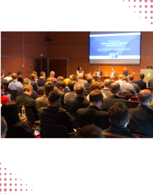 Ludzie siedzący na konferencji, prelegenci przy stole, ekran prezentacyjny z tyłu.