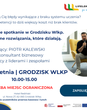 Plakat wydarzenia z mężczyzną siedzącym na krześle, informacjami o spotkaniu i logo.
