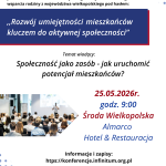 Plakat spotkania informacyjnego z datą, miejscem i zdjęciem sali konferencyjnej.