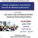 Plakat informujący o spotkaniu w Jarocinie na temat komunikacji lokalnej, zdjęcie sali szkoleniowej.