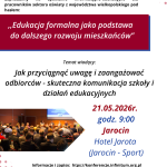 Plakat zapraszający na webinarium o skutecznej komunikacji szkoły, zdjęcie sali konferencyjnej.