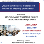 Plakat wydarzenia o komunikacji lokalnej, zdjęcie sali konferencyjnej z uczestnikami.